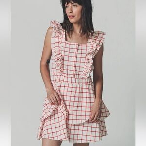 The Shirt by Rochelle Behrens - Red & White Checked Dress Ruffle Sleeve Small